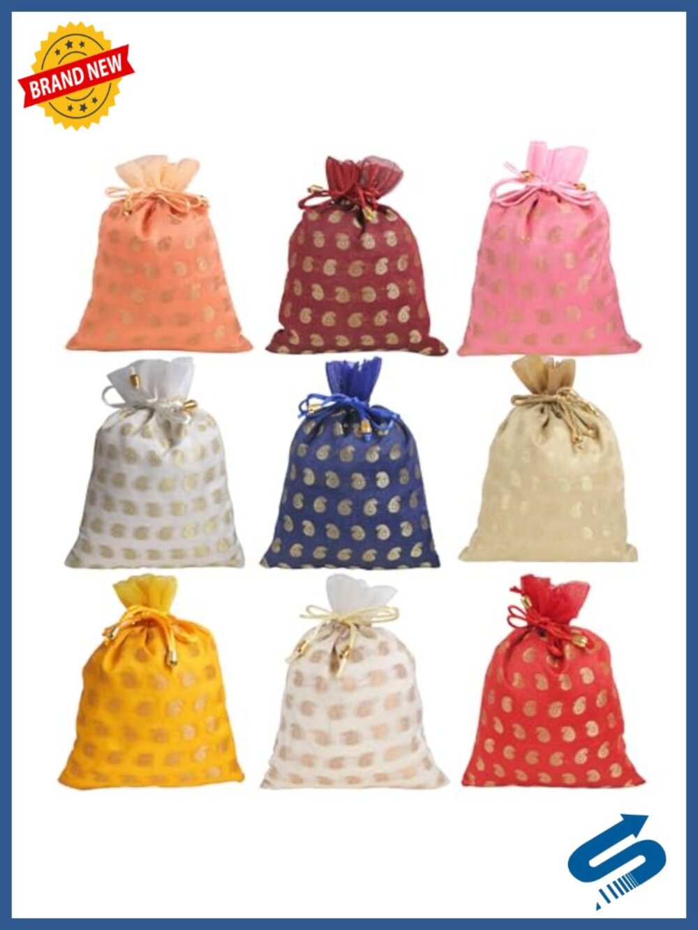 Set of 9 Handcrafted Chanderi Fabric Drawstring Potli Pouches for Jewelry Gift
